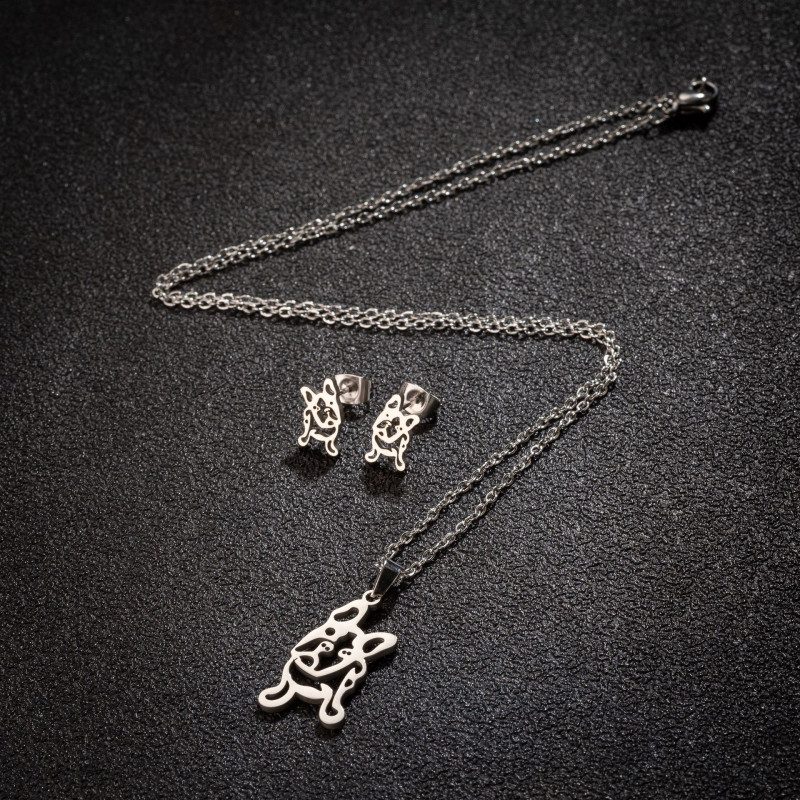 European and American Stainless Steel Jewelry Three-piece Animal Pug Chihuahua Gecko Bird