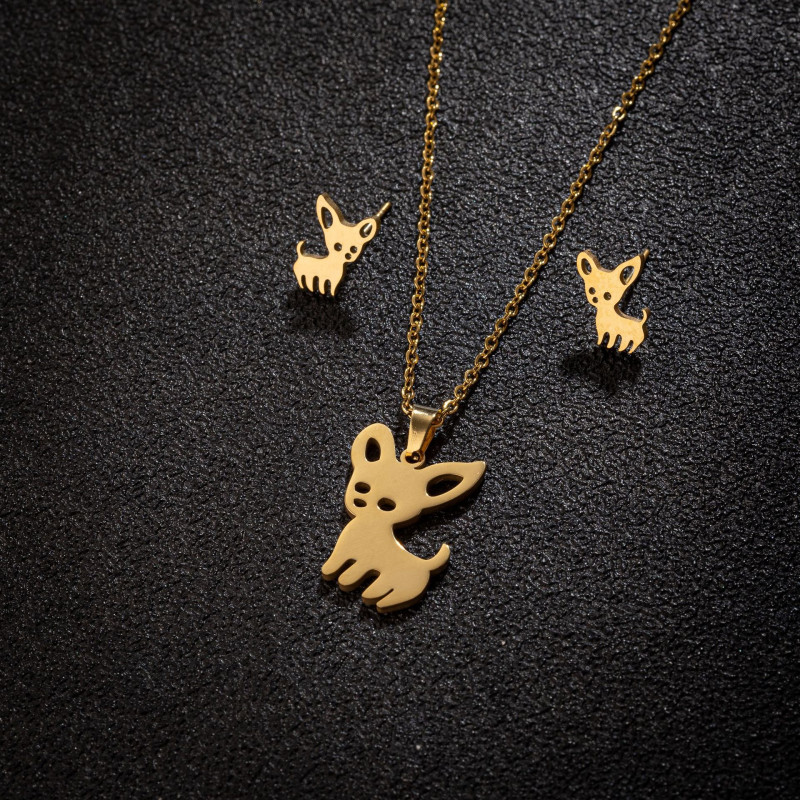 New Products in Stock Stainless Steel Niche Chihuahua Cute Animal Necklace Earrings