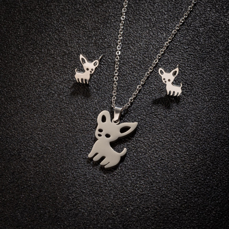 New Products in Stock Stainless Steel Niche Chihuahua Cute Animal Necklace Earrings