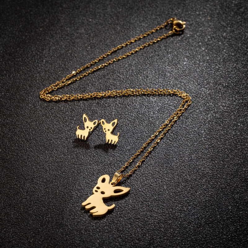 New Products in Stock Stainless Steel Niche Chihuahua Cute Animal Necklace Earrings