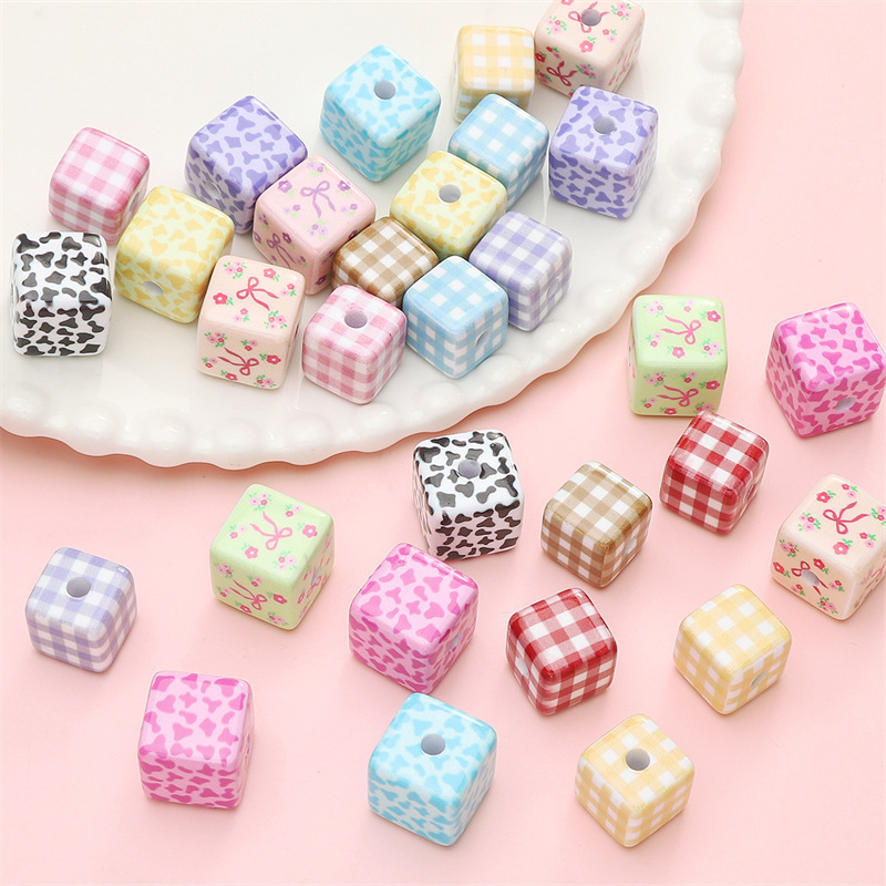 Acrylic Cow Pattern Printed Beads Lattice Square Handmade Diy Bracelets Floral Butterfly