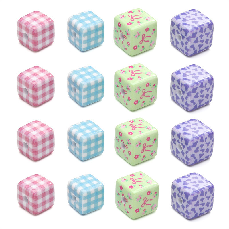 Acrylic Cow Pattern Printed Beads Lattice Square Handmade Diy Bracelets Floral Butterfly
