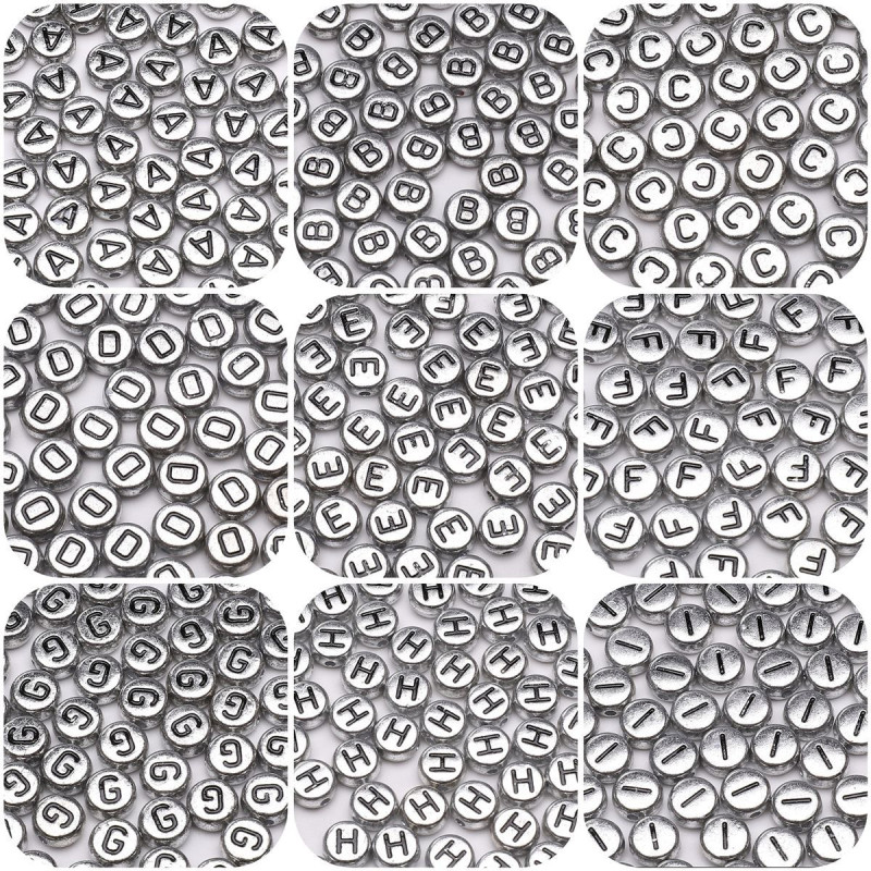 4x7mm Acrylic English Letters Silver + Black Diy Handmade Beaded Necklace Loose Beads