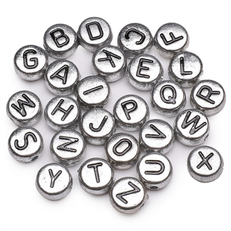 4x7mm Acrylic English Letters Silver + Black Diy Handmade Beaded Necklace Loose Beads