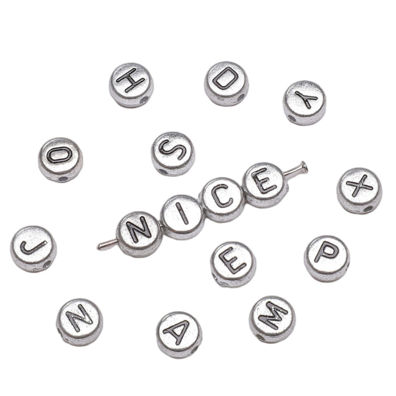 4x7mm Acrylic English Letters Silver + Black Diy Handmade Beaded Necklace Loose Beads