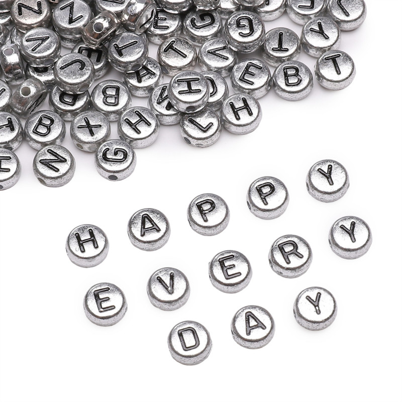 4x7mm Acrylic English Letters Silver + Black Diy Handmade Beaded Necklace Loose Beads