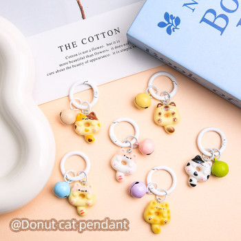 Cartoon Cute Donut Cat Diy Pendant Spring Ring Candy Color Bell Accessories Keychain Bag