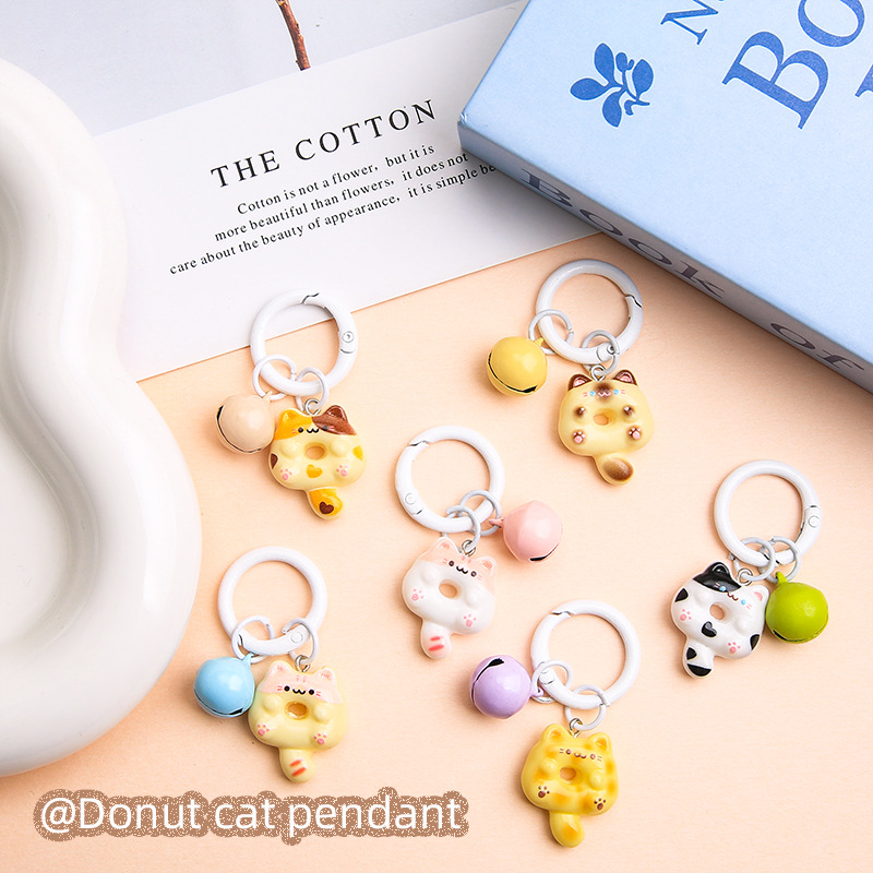 Cartoon Cute Donut Cat Diy Pendant Spring Ring Candy Color Bell Accessories Keychain Bag