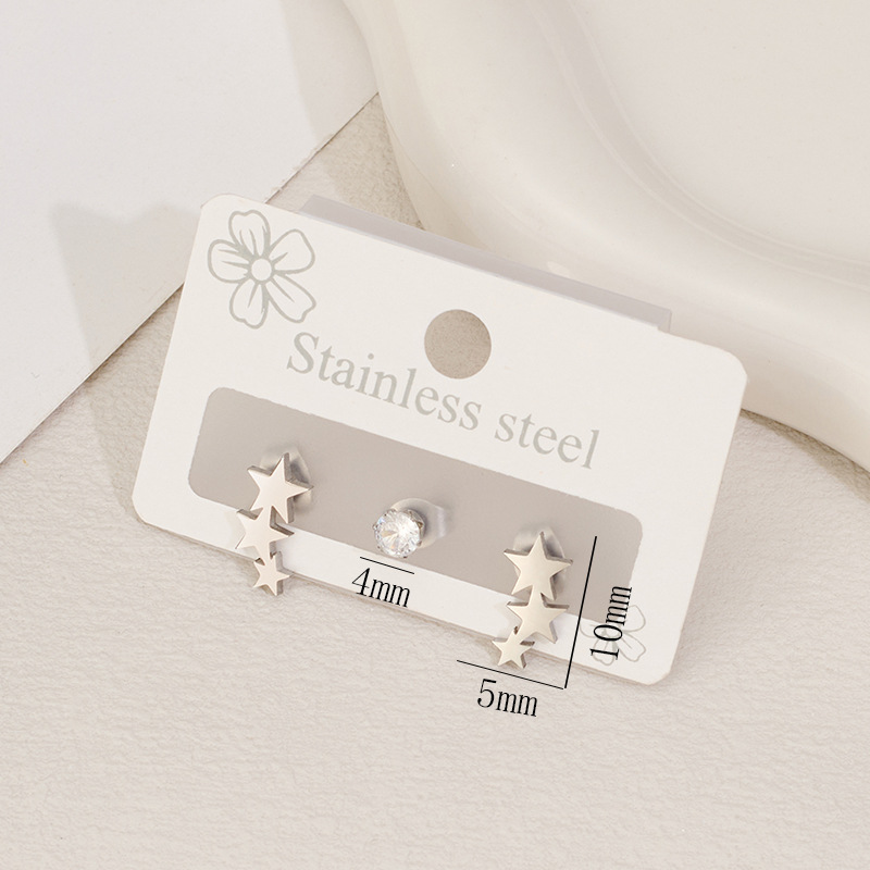 A Set of 3 Stainless Steel Zircon Combination Earrings Set Ins Simple Small Star