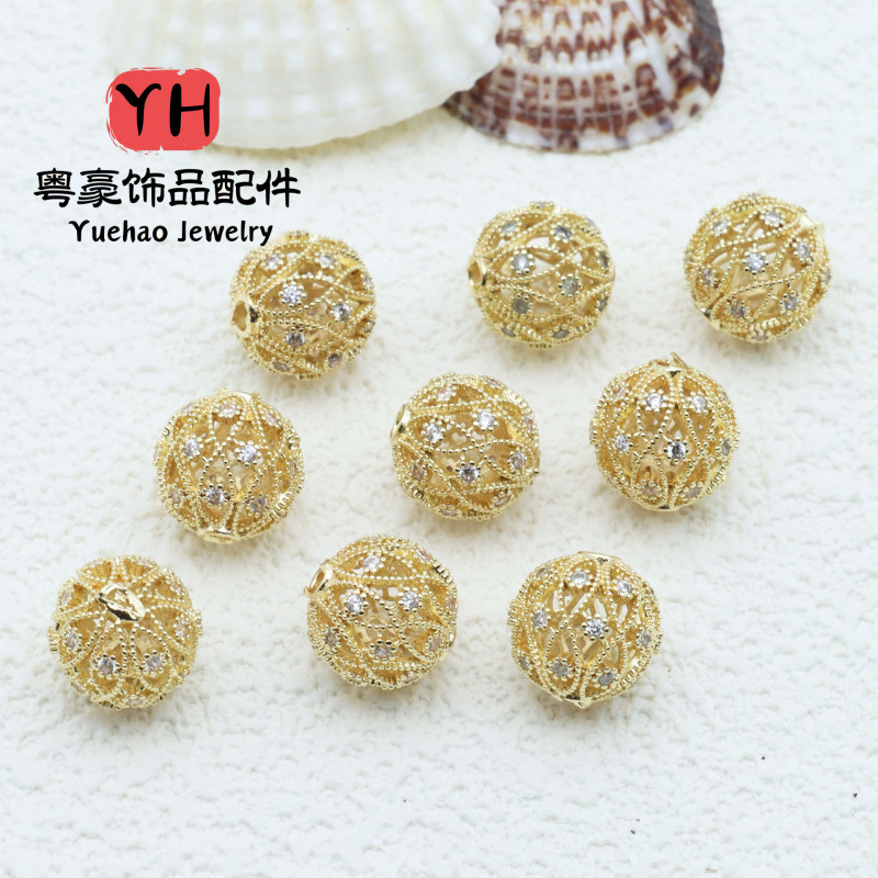14k Gold-plated Copper Hollow Zircon Flower Ball Round Beads Hydrangea Spacer Diy String