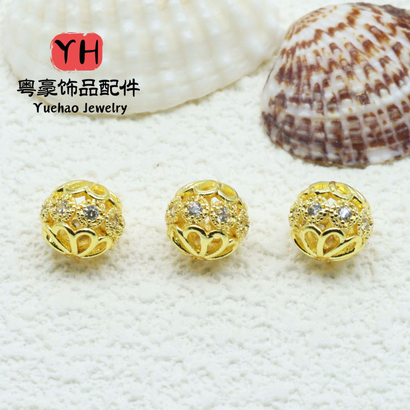 Hollow Ball Beads, Micro-paved Zircon Loose 18k Gold-filled Color-preserving Diy
