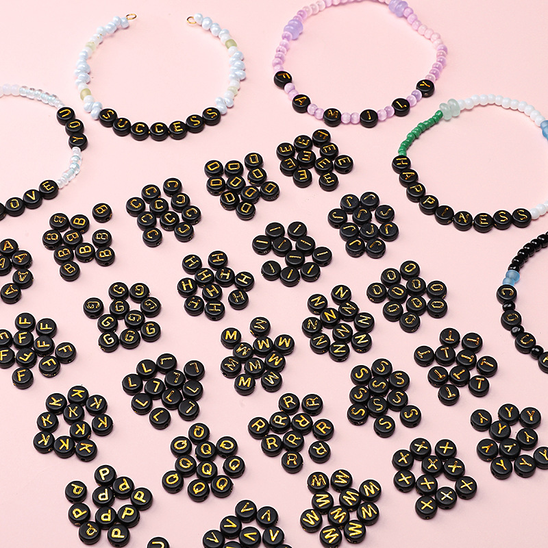 4x7mm Acrylic Black Background Gold Letter Beads Flat Round Handmade Educational Diy