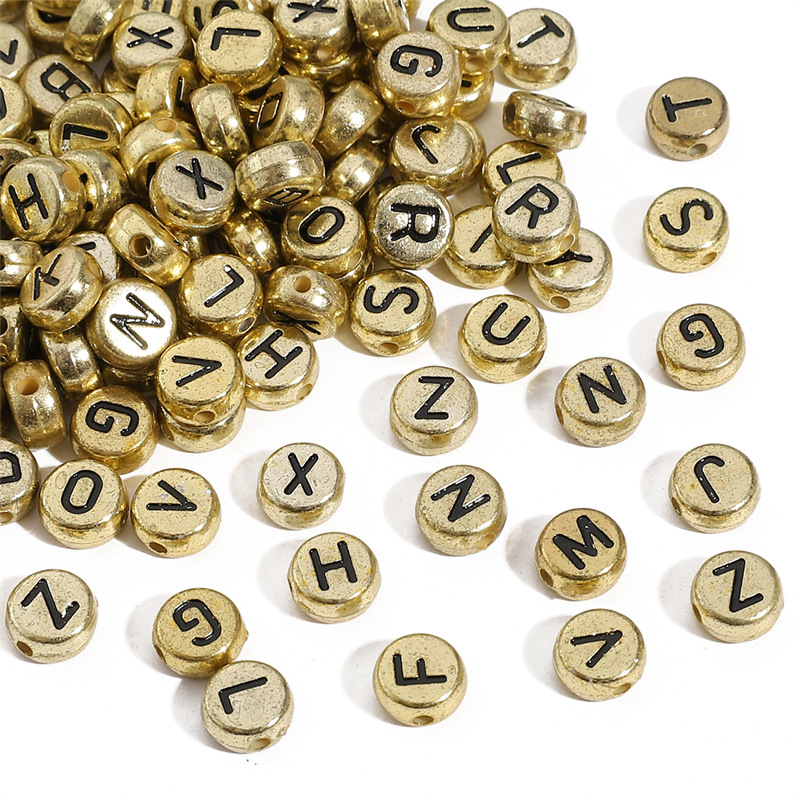 4x7mm Acrylic Black Background Gold Letter Beads Flat Round Handmade Educational Diy