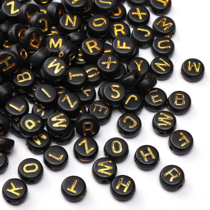 4x7mm Acrylic Black Background Gold Letter Beads Flat Round Handmade Educational Diy