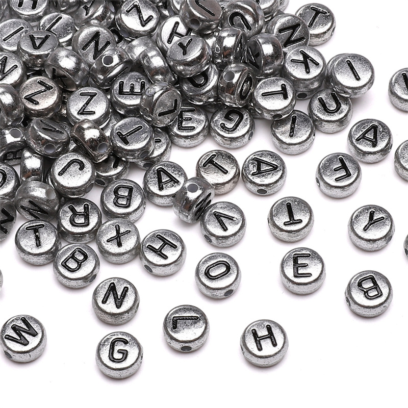 4x7mm Acrylic Black Background Gold Letter Beads Flat Round Handmade Educational Diy
