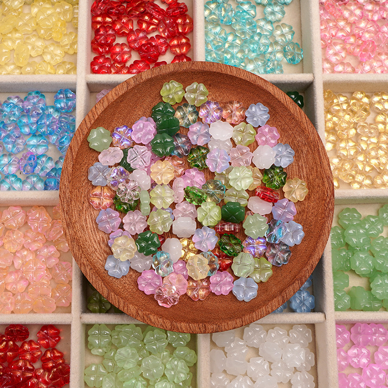 Glass Imitation Jade Ice See-through Four-leaf Clover Flower Loose Beads Beading Retro