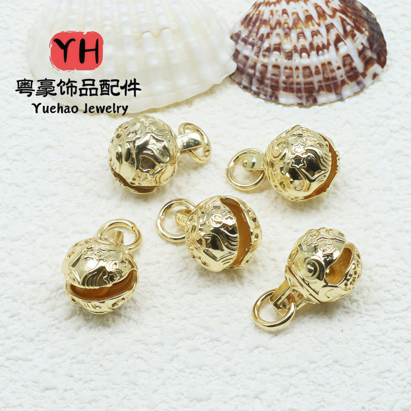 14k Gold Copper Bell Pendant Diy Jewelry Accessories Ancient Tiger Head Carving Hollow
