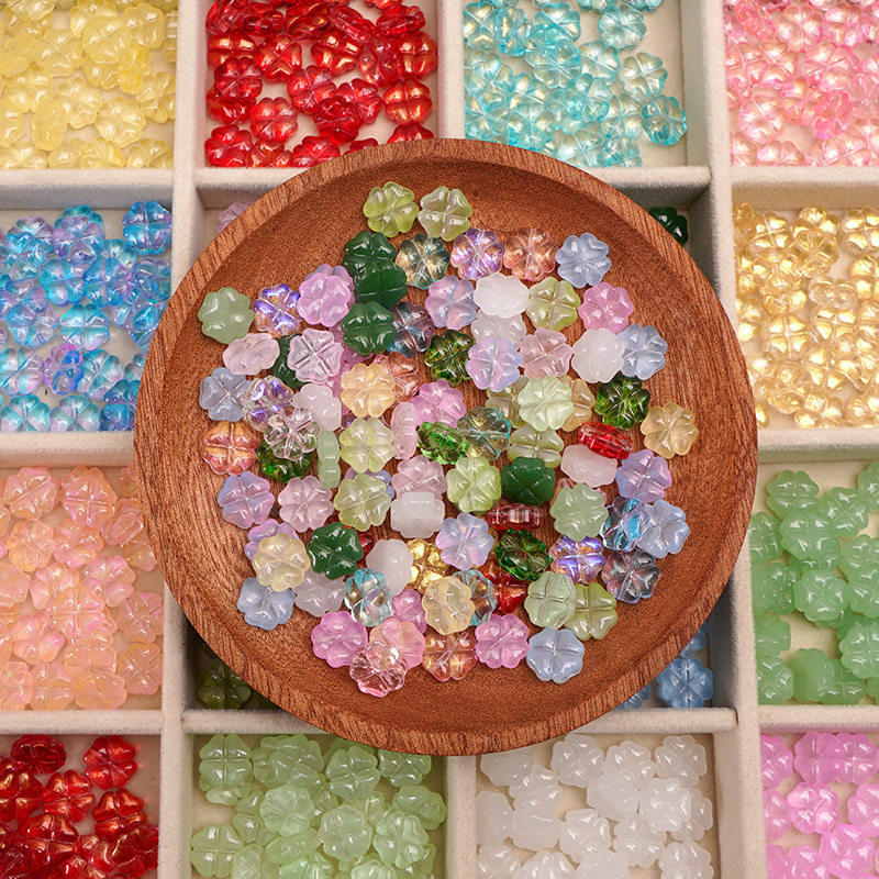 10x10mm Glass Imitation Jade Ice See-through Four-leaf Clover Flower Loose Beads Beaded