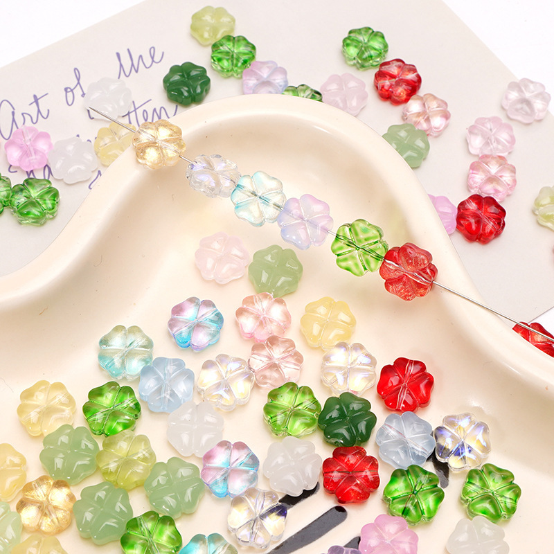 10x10mm Glass Imitation Jade Ice See-through Four-leaf Clover Flower Loose Beads Beaded