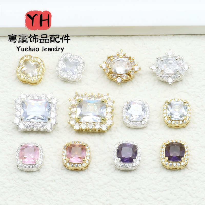 Copper Plated Thick Silver Inlaid with Zircon Small Square Flower Porous Beads Diy