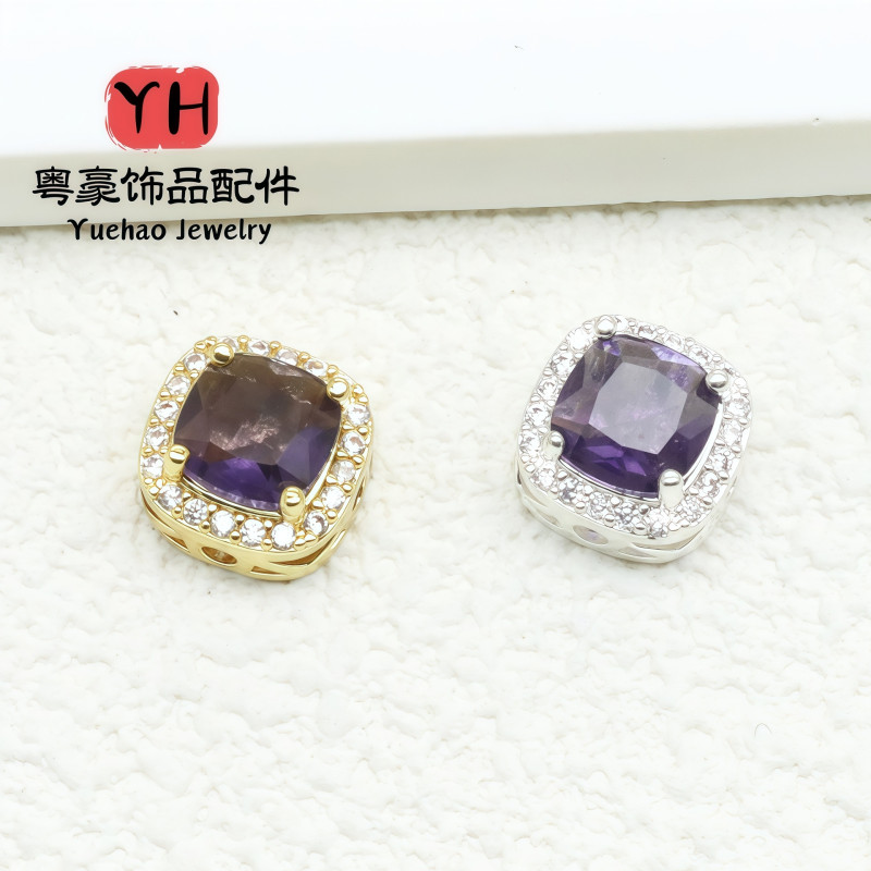 Copper Plated Thick Silver Inlaid with Zircon Small Square Flower Porous Beads Diy