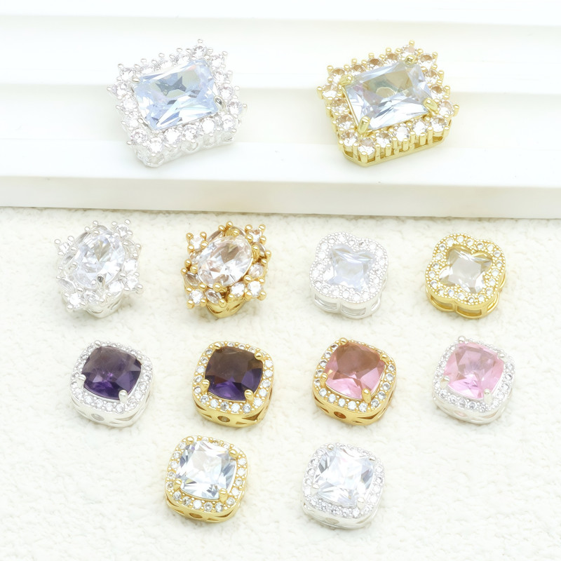 Copper Plated Thick Silver Inlaid with Zircon Small Square Flower Porous Beads Diy