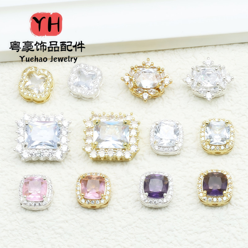 Copper Plated Thick Silver Inlaid with Zircon Small Square Flower Porous Beads Diy