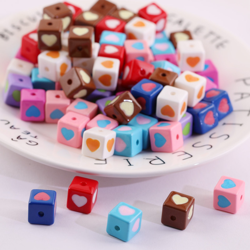 12mm Color Love Heart-shaped Resin Square Beads Straight Hole Three-dimensional Loose Diy