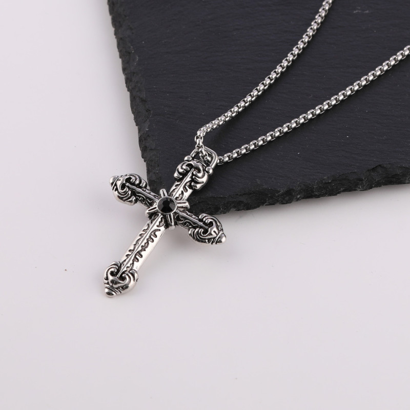 Dark Style Gothic Black Diamond Cross Handmade Necklace Alloy Pendant Jewelry Accessories