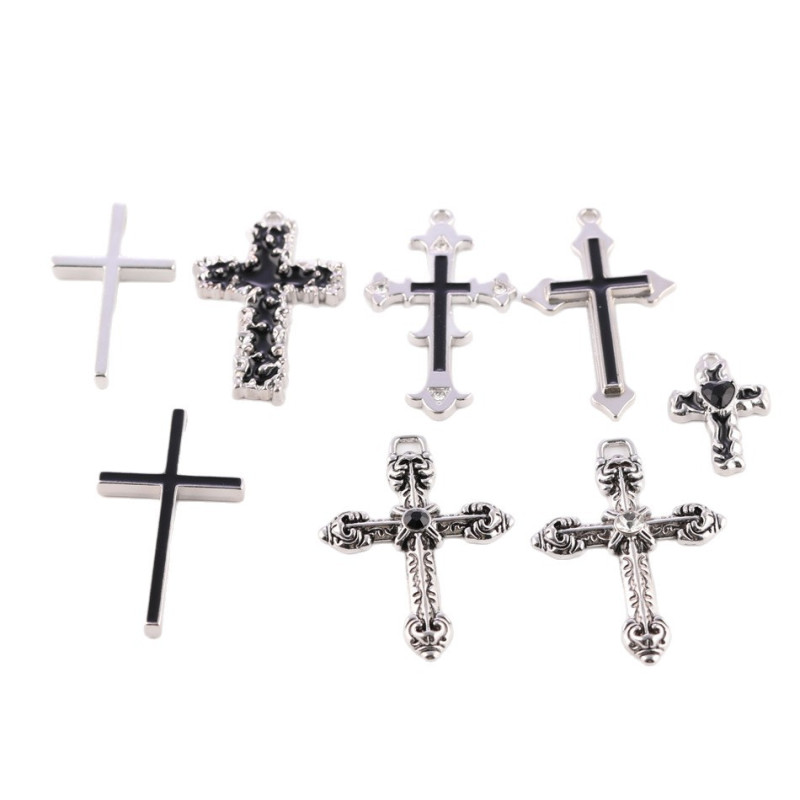 Dark Style Gothic Black Diamond Cross Handmade Necklace Alloy Pendant Jewelry Accessories