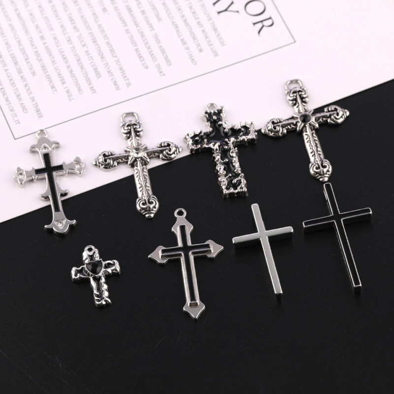 Dark Style Gothic Black Diamond Cross Handmade Necklace Alloy Pendant Jewelry Accessories