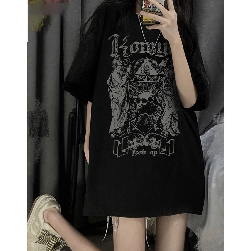 Women's Dark Skull T-shirt Chic Top Street Style Short-sleeved Hiphop High-end American