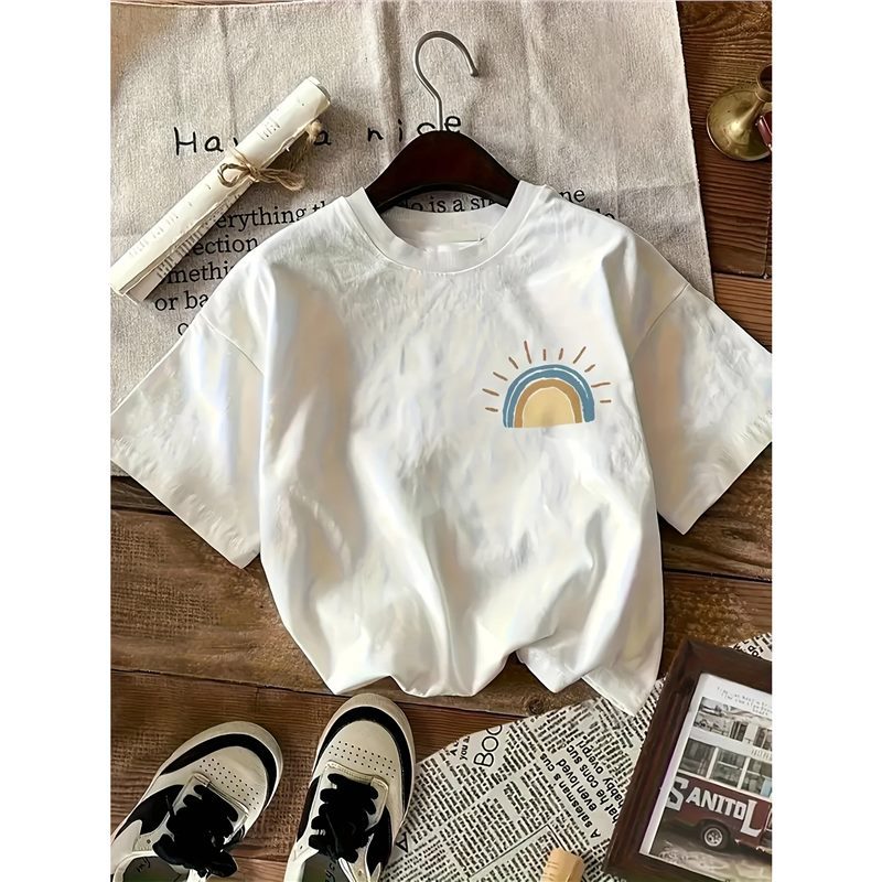 European Code Graffiti Sunshine Print Round Neck Short Sleeve T-sh