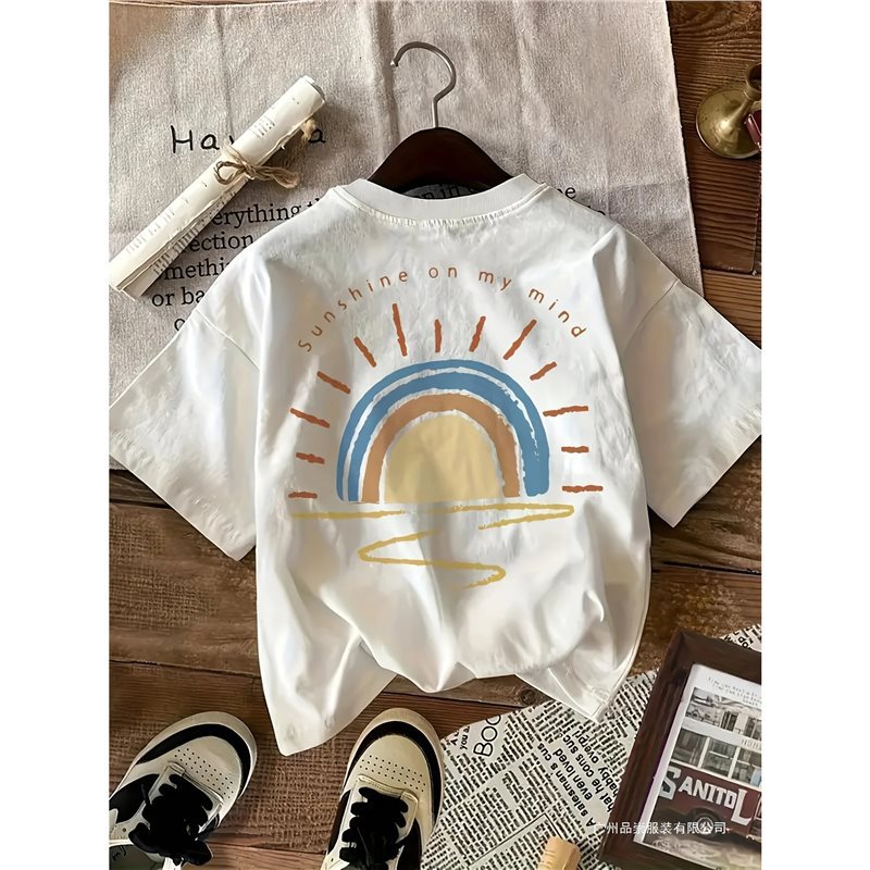 European Code Graffiti Sunshine Print Round Neck Short Sleeve T-sh
