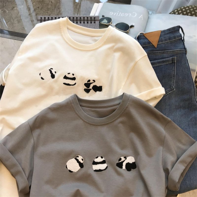 Cotton T-shirt New Design Spring Women's White Panda Loose Short-sleeve Heavy Top 2024