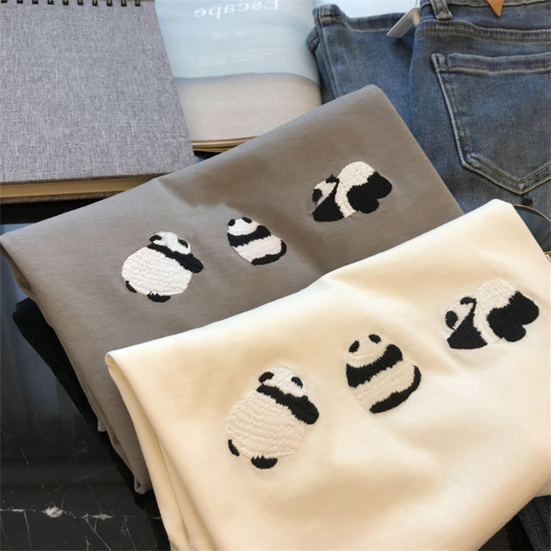 Cotton T-shirt New Design Spring Women's White Panda Loose Short-sleeve Heavy Top 2024
