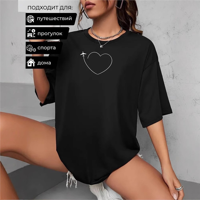 Cotton T-shirt Base Layer Short-sleeve Women's European and American Mid-length Heart