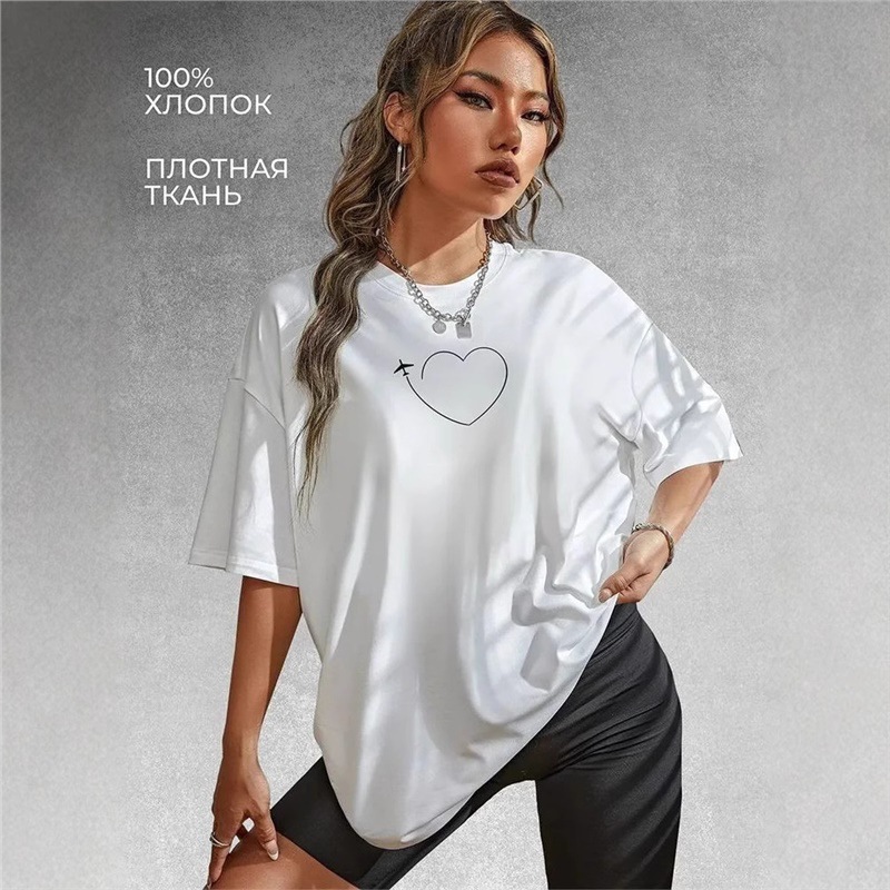 Cotton T-shirt Base Layer Short-sleeve Women's European and American Mid-length Heart