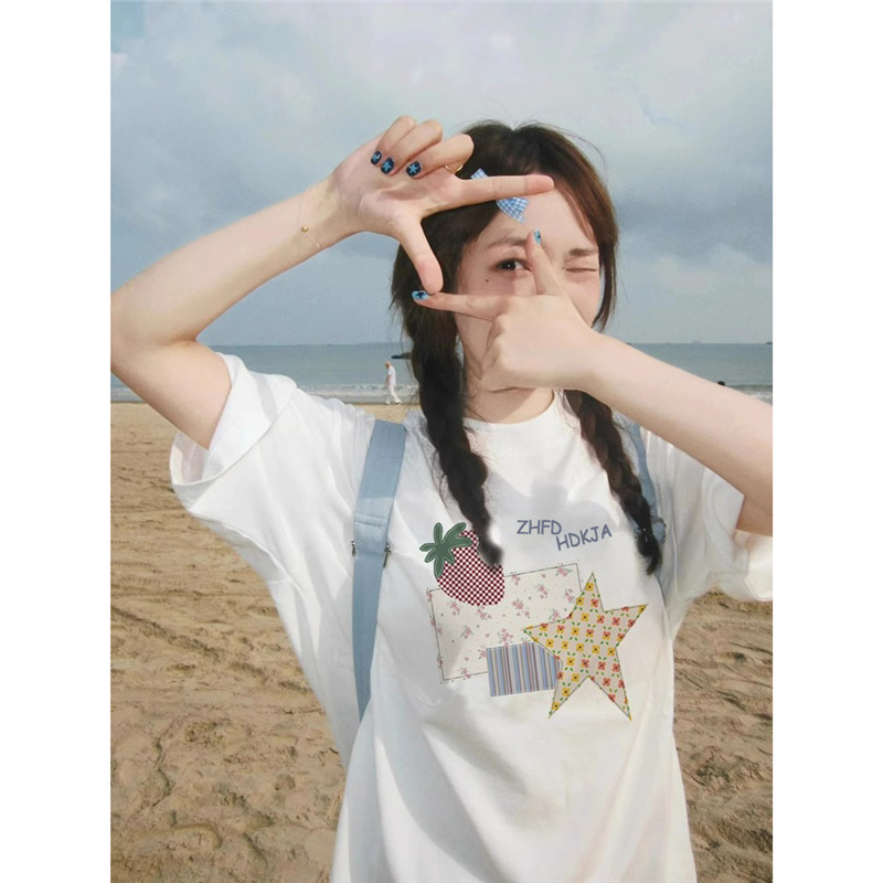 Cotton T-shirt, Brand Women's Design Top, 100% Small 2025 White-gray American Style