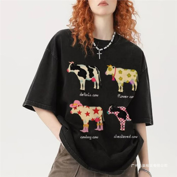 Cotton Tstylevintagecartoonwatercute-tshirtwashfashprintcow