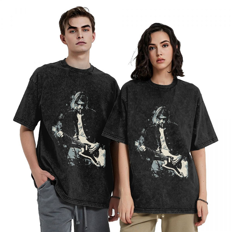 Cotton Tkurt Cobain Guitar T Shirt Hip Hop Washed Short Sleev