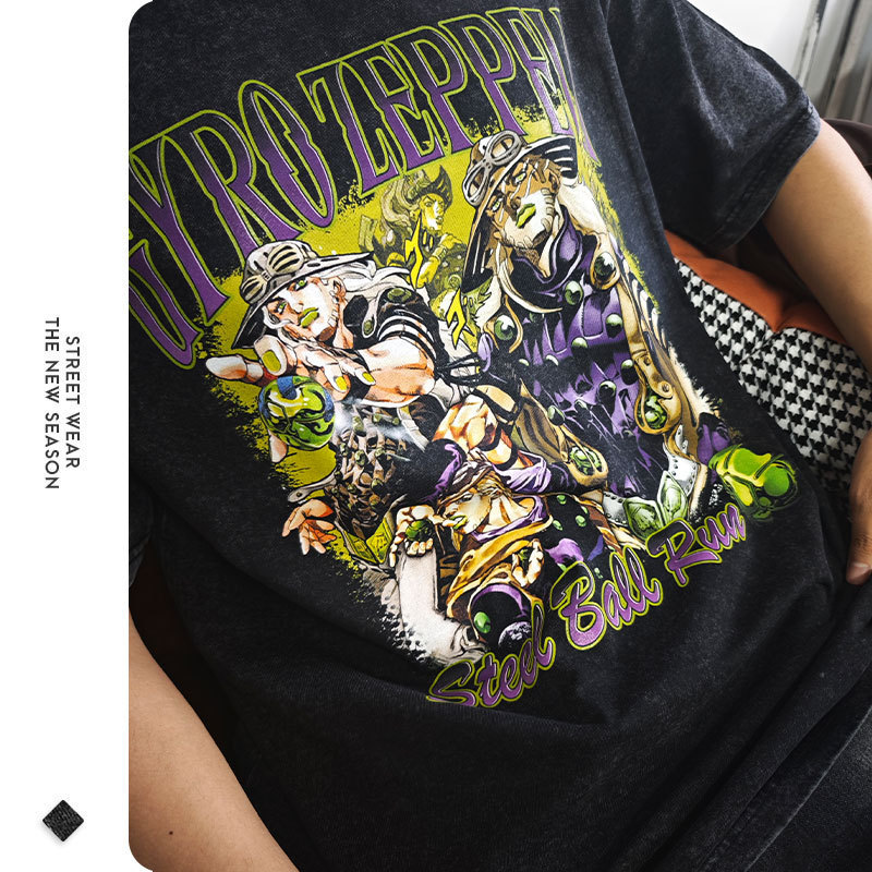 Cotton Tjojo Steel Ball Run T-shirt Vintage Washed Zeppeli Gy