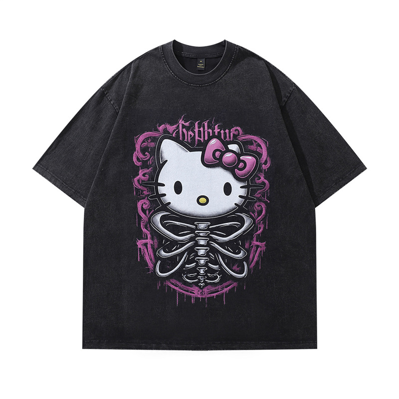 Cotton T-shirt Cartoon Brand Printed Weight Washed Men's and Women's 230t Collar Loose