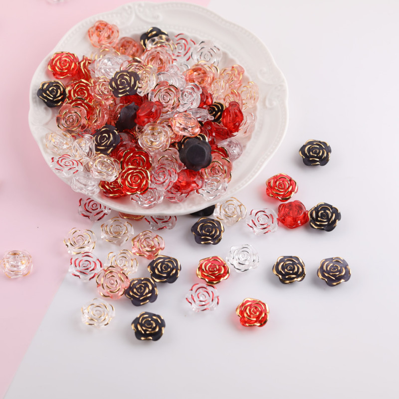 Colorful Transparent Rose Camellia Gold Edge Resin Acrylic Loose Beads Diy Handmade