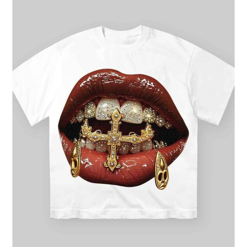 Cotton Men's Lips Print Graphic Tees Y2k T Shirts Summer