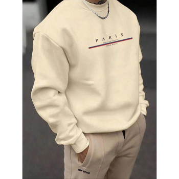 Cotton Men's Solid Color & Letter Print Drop Shoulder Sw