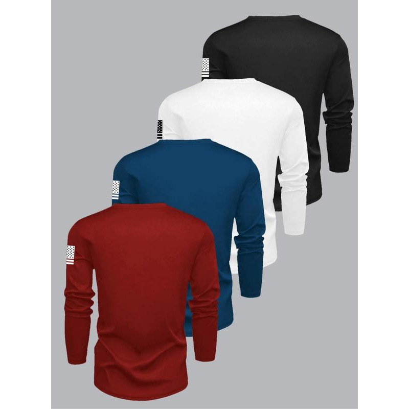 Cotton Men's Letter & Flag Print Round Neck Long Sleeve T