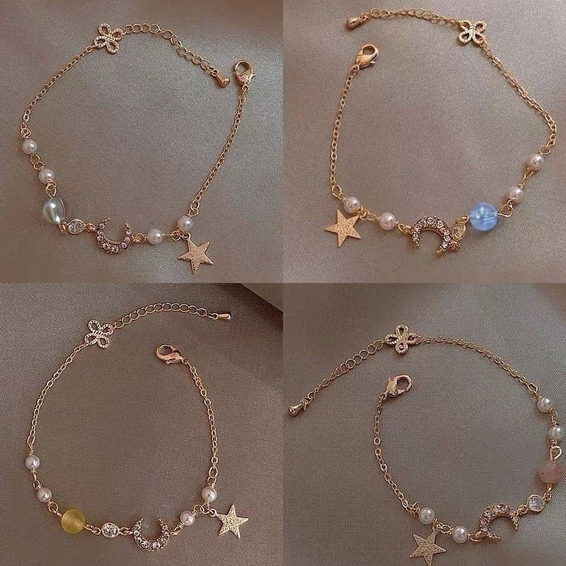 Women's Design Bracelet Fashion Simple Best Friend Star and Moon Zircon Pearl Niche Light