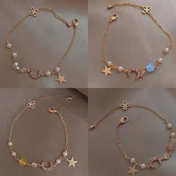 Women's Design Bracelet Fashion Simple Best Friend Star and Moon Zircon Pearl Niche Light