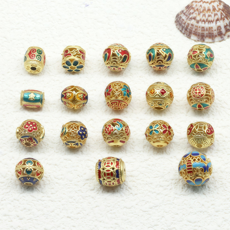 Ancient Golden Sand Gold Enamel Baked Blue Dripping Oil Through-hole Round Beads Bucket